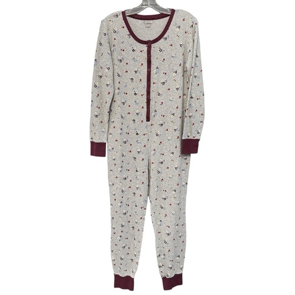 L.L. Bean Floral Union Suit Pajamas M Gray Thermal Henley - Picture 1 of 6